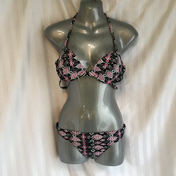 Women's HOLLISTER Black Pink Tribal Swim Bikini Top Push Up Size 34C Bottoms L - Picture 2 of 15